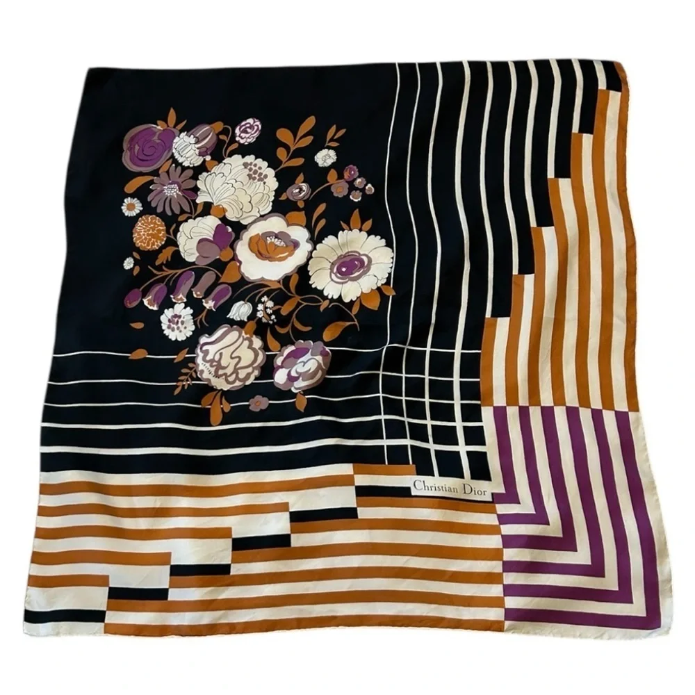Dior Black and Gold Silk Floral Scarf 30x30